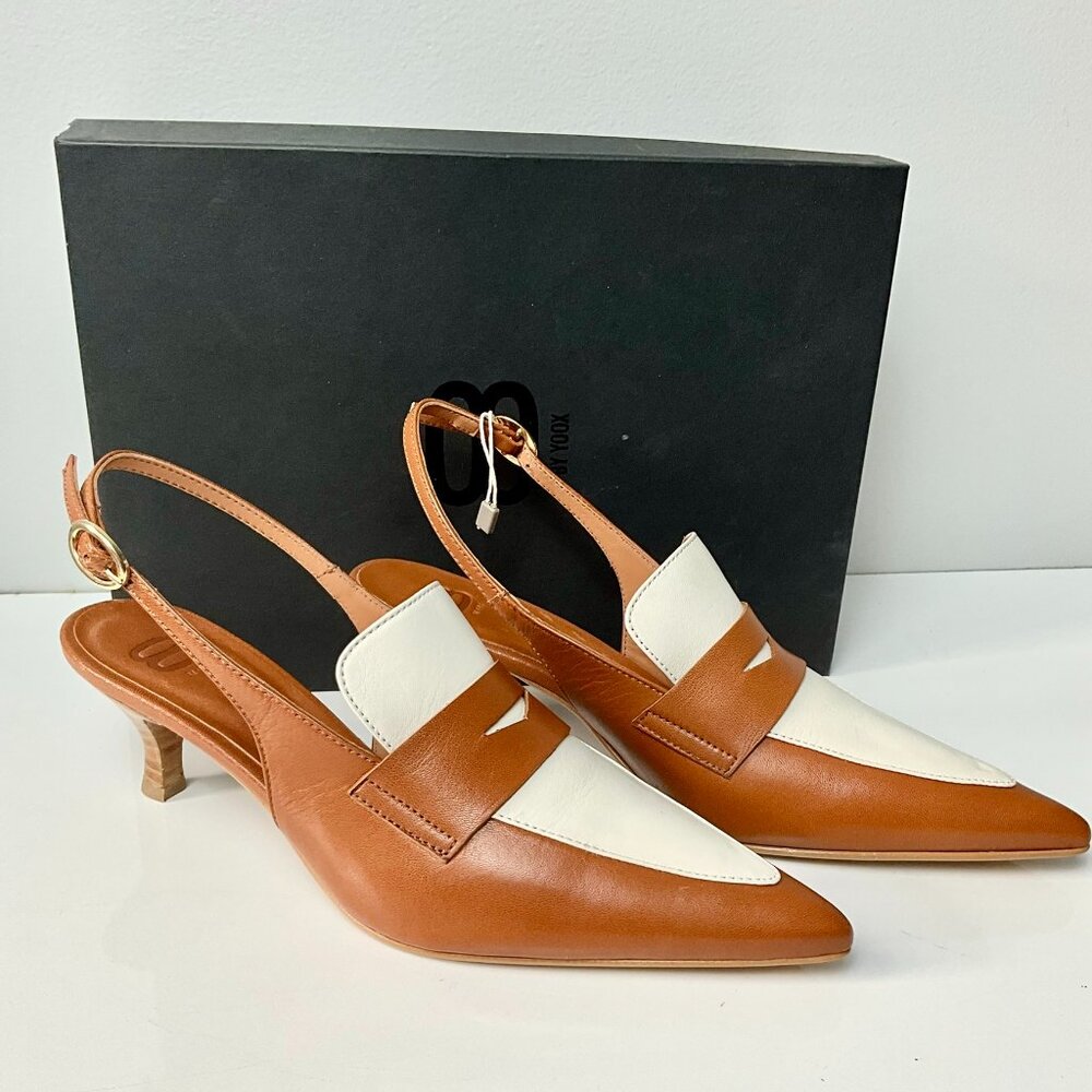 8 by Yoox Two-Tone Leather Slingback Pumps- Brown & White - EU 38-Made in Italy